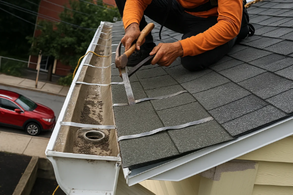 Roofer installing a metal gutter bracket onto a shingled roof next to a white house.