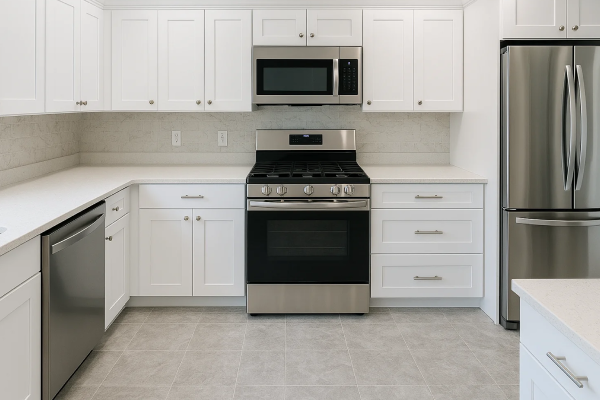 Contemporary kitchen with all white cabinets, stainless steel appliances, and gray tiled floor.
