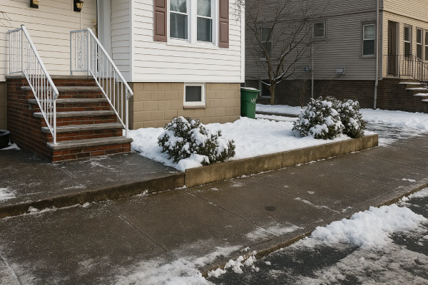 Snowy sidewalk and yard in front of a house with brick steps and white railing.