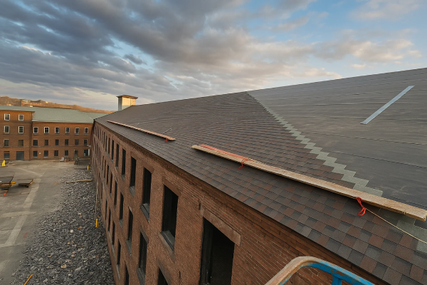 Commercial roofing installation on a large brick industrial building, showing new brown shingles partially covering the roof.