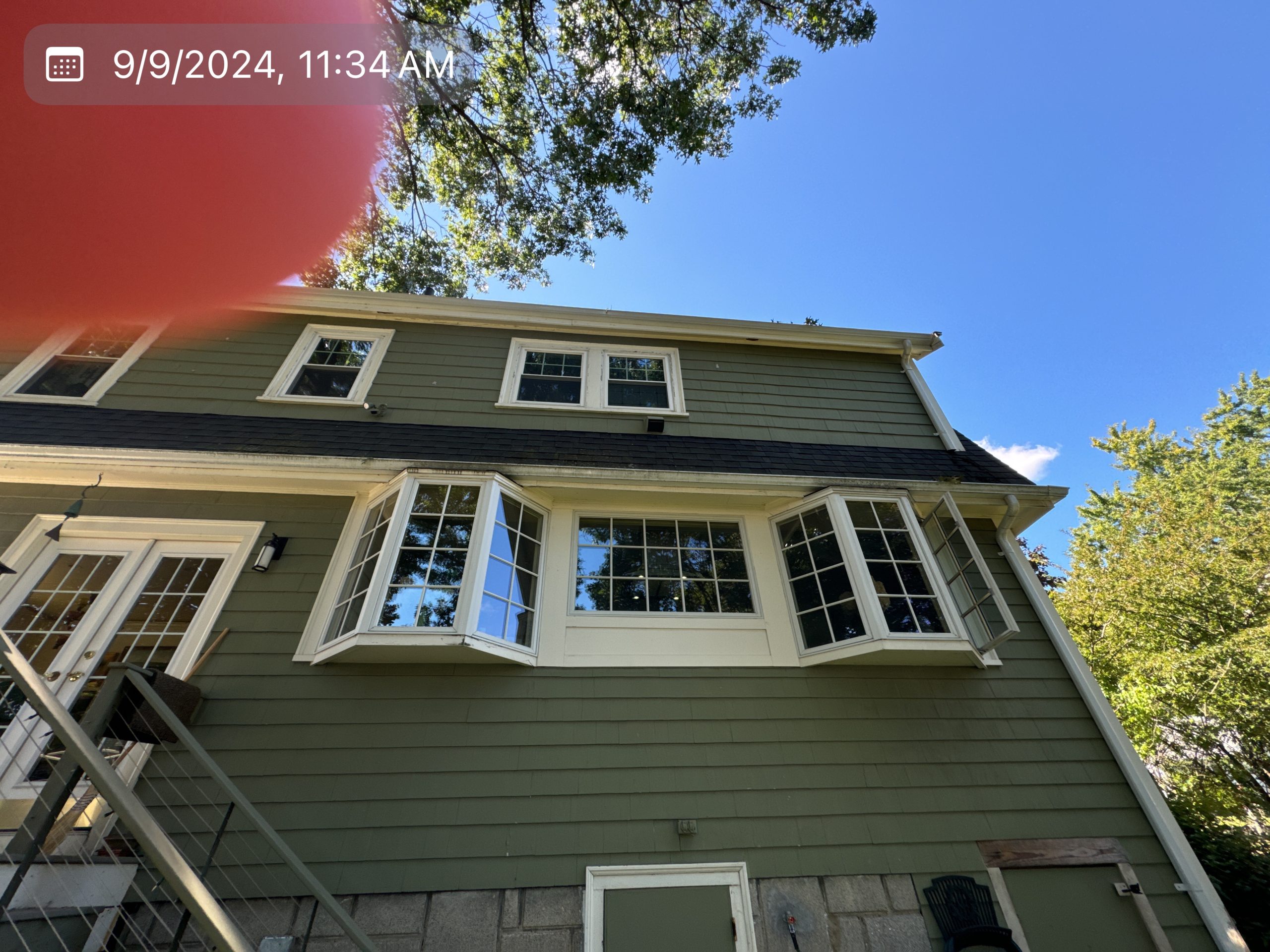 2024-09-09 15 34 02Z-m0v5xwydgb156yd4 Sunny view of a green house exterior and windows, with tree branches overhead.
