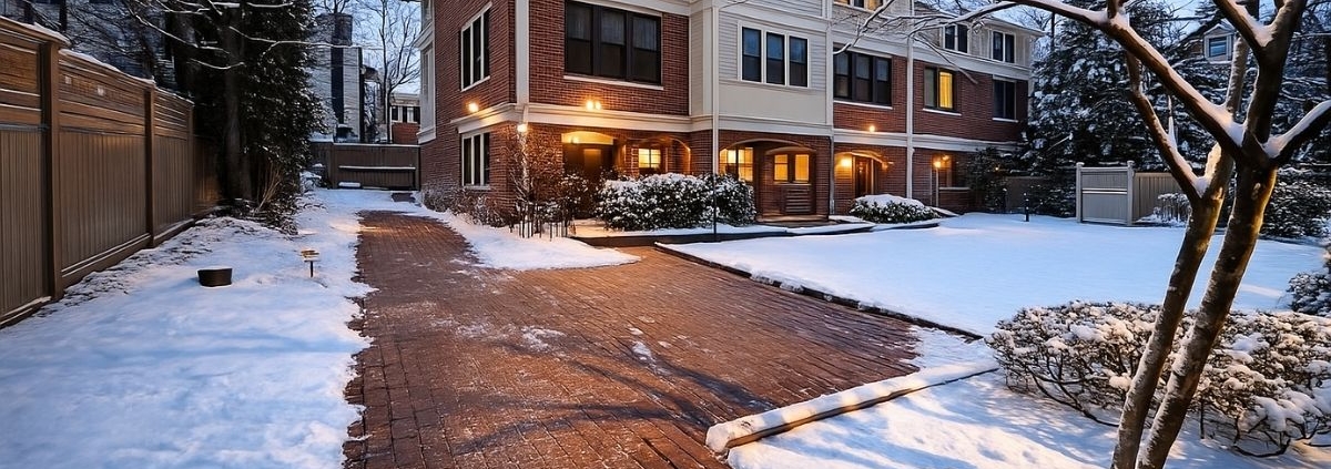 Commercial snow plowing in Woburn. Photo of FRG Contractor clearing snow from a sidewalk.
